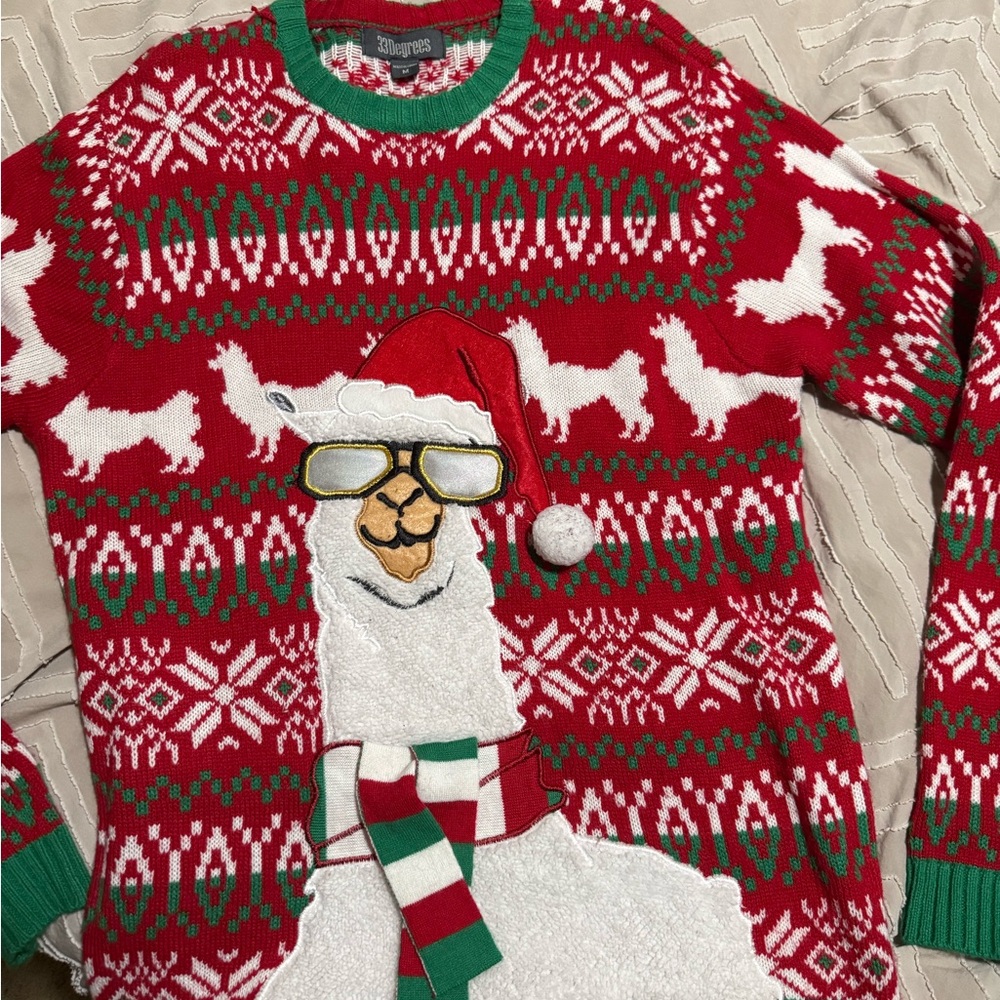 Red and White Crewneck Sweater with Nordic Patterns